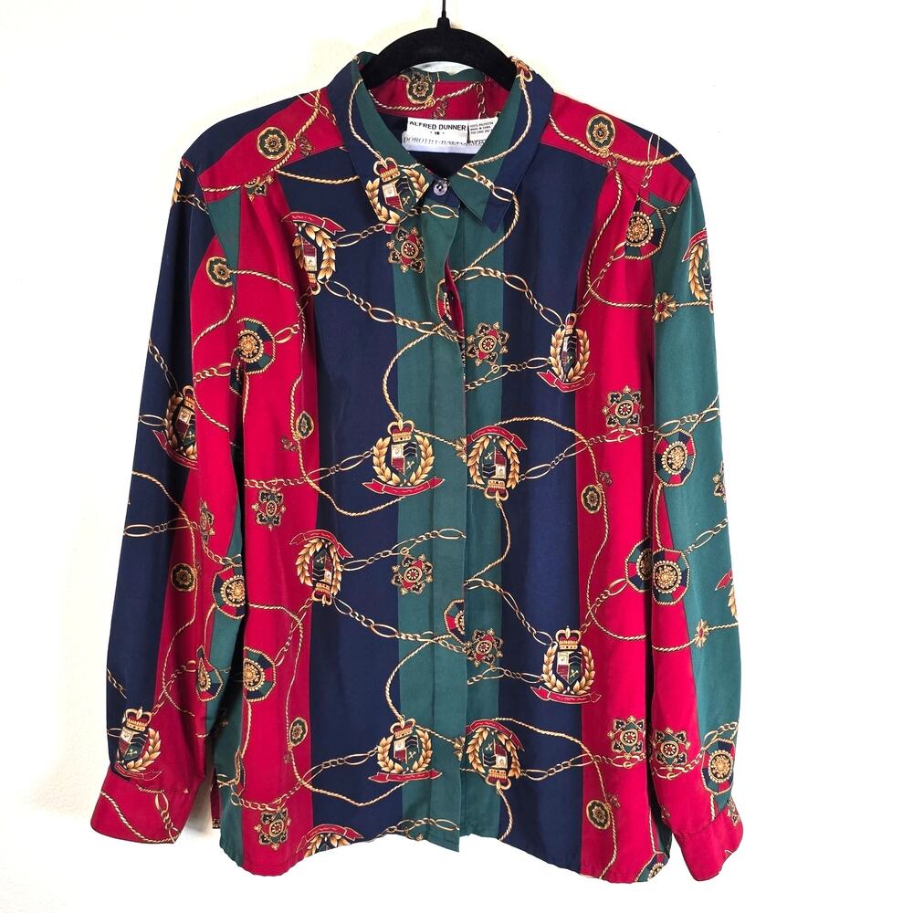 Alfred Dunner Shirt Women's 16 Forest Green Red Heritage Crest Button Up Preppy